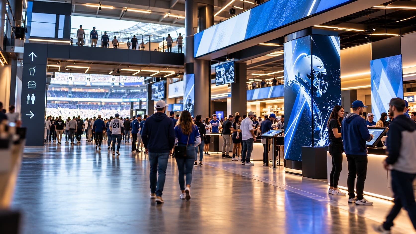 Digital TV screens through a stadium concourse showing advertising as fans walk past